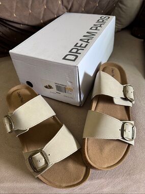 Dream Pairs Cream Double-Buckle Slide Sandals